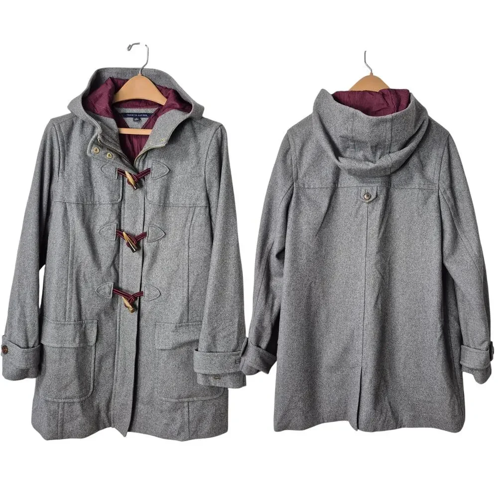 Tommy Hilfiger Gray Wool Toggle Duffle Hooded Coat Jacket Women's XL